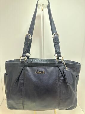 Coach F17721 Metallic Navy Blue Leather Shoulder Bag Tote Gold Hardware
